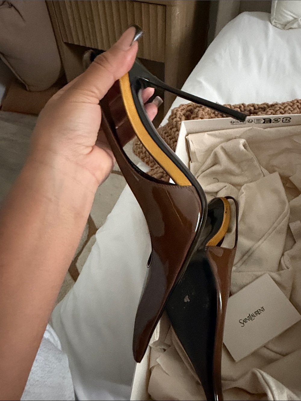 Saint Laurent Brown Patent Leather Slingback Pumps - Picture 3 of 8